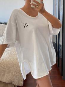 DAZY 女式字母印花超大长袖/短袖T恤，秋季服装 - 白色 - 查看 3