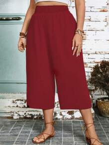 Linhara Plus Size Solid Color Loose Casual Palazzo Pants - Red - View 3