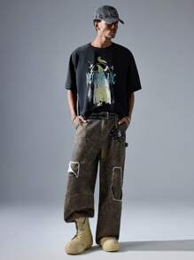 NEON BLANC Men's Street Fashion Loose Fit Long Brown Camouflage Woven Denim Pants - Brown - View 7
