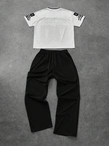 PAVTROS Conjunto de camiseta de manga corta con estampado de letras y pantalones sencillo para hombre, chándal para hombre, conjunto de dos piezas para hombre, ropa de hombre, regalo para el novio - Blanco y Negro - Ver 2