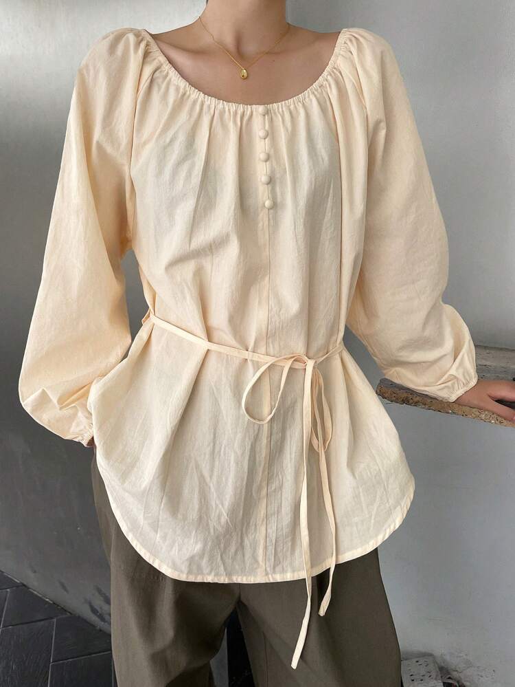 Solid Color Loose Fit Long Sleeve Tie Neck Pleated Women Blouse,Fall Clothes