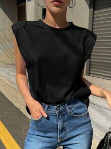 DAZY Solid Shoulder Pad Tee Y2k - Black - View 5