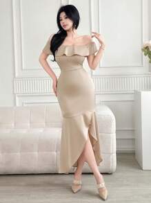 DAZY فستان أنيق متوسط الطول بخصر عالي وأكمام مكشكشة على الكتف، لون أحادي، مناسب للنساء في المناسبات الرسمية والصيف