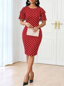 Fleurora Four Season Wedding Gues/ Party/Church Attire Black Elegant Spring And Summer Geometric Polka Dot Print Double Layer Ruffle Sleeve Basic Slimming Dress Elegant Midi Women Dresses Fall Women Dresses Concert Women Outfit Work Women Dresses - Red - View 5