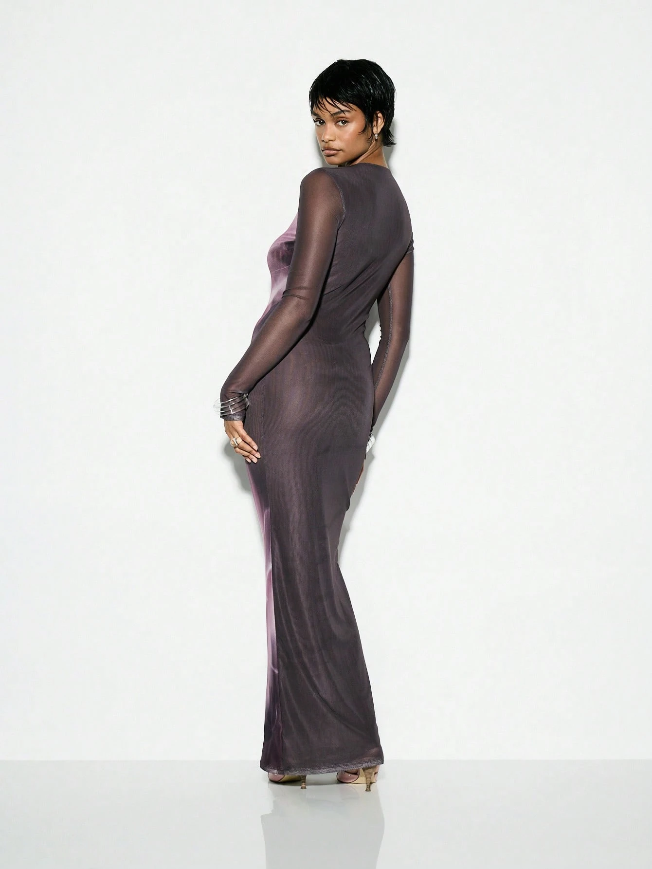 KIZN Mesh Long Sleeve Formal Bodycon Maxi Dress