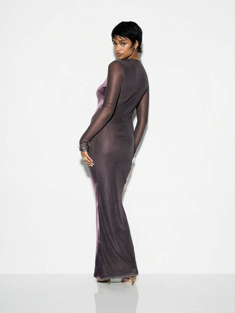 KIZN Mesh Long Sleeve Formal Bodycon Maxi Dress