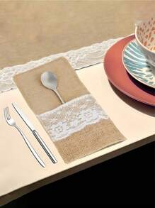SHEIN 11*22Cm 亚麻蕾丝餐具架餐具袋，银器架刀叉袋亚麻餐巾袋，适用于婚礼派对、生日派对、家庭聚会、餐厅装饰礼物 5件/10件/20件/30件可选 - 彩色 - 查看 8