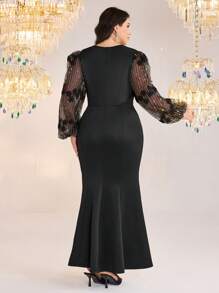 Modelyn Vestido de manga farol de cuello en V de unicolor en tallas grandes