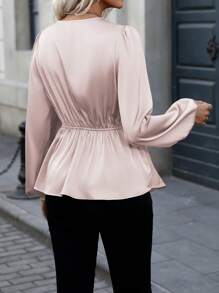 SHEIN Clasi Women's Solid Satin Elegant Luxurious Party Birthday Celebration Wear, New Design With Waist Gathering, V-Neck, Wrap Style, Pleated Hem, Puff Sleeves, Long Sleeve Blouse, Spring/Autumn/Winter Peplum Top