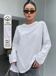 DAZY Solid Split Hem Drop Shoulder Tee Long Sleeve Women Tops