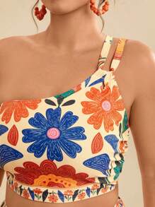 Travachic Plus Size Tropical Flower Print Beach Wear Swimwear 2pcs Set For Women, Asymmetric Neck & Hollow-Out Details, Casual For Summer Holiday Tank Tops