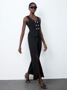 SHEIN ChicEase Mono elegante y a la moda de mujer con cintura marcada y botones metálicos cruzados - Negro - Ver 3