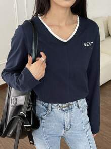 Dazy-Less Color-Blocked Long Sleeve T-Shirt With Letter Embroidery Old Money Style,Fall Clothes - Navy Blue - View 8