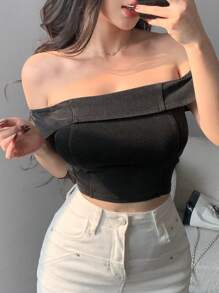 DAZY Women Off Shoulder Short Sleeve Cropped Denim Blouse - Black - View 3