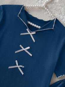 SHEIN Casual Blue Short Sleeve, Bow Decor, Ruffle Hem, Lightweight, Soft Milk Silk Pants Set, Comfy House Outfit For Tween Girls, Spring/Summer/Autumn Bowknot