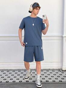 SHEIN 青少年男孩休閒拼接編織標籤細節圓領T卹連傾斜口袋短褲套裝 - 藍色 - 查看 5