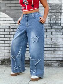 SHEIN ICON Plus Size Women Five-Starred Fringes Decor Pockets Loose Relaxed Fit Jeans - Blue - View 3