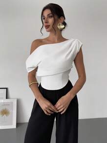 Firerie Women's Elegant Minimalist Stylish Romantic Music Festival Sexy Asymmetrical Neck Asymmetrical Drapery Backless Bodysuits, White - White - View 3