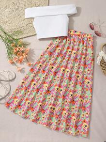 少女白色露肩短袖花卉印花裙套装