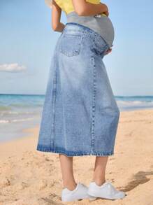SHEIN Pregnant Women Solid Color Patchwork Pocket Simplex Casual Denim A-Line Skirt - Light Wash - View 2