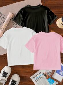 3pcs/Set Baby Girl Casual Fashion Simple Love Character & Letter Print Short Sleeve T-Shirt, Spring & Summer - Multicolor - View 2