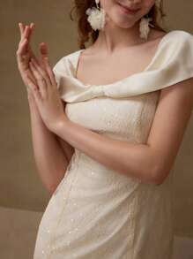 MOTF PREMIUM SEQUIN DETAIL CONTRAST MESH DRESS - Apricot - View 3