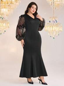 Modelyn Vestido de manga farol de cuello en V de unicolor en tallas grandes