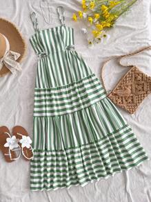 Soleia Women's Green And White Striped A-Line Dress, Casual Summer Beach Lunch Graduation/Wedding Occasion, Cutout Waist And Open Back Design, For Spring - Multicolor - View 1