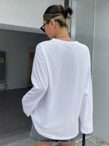 DAZY Solid Split Hem Drop Shoulder Tee Long Sleeve Women Tops