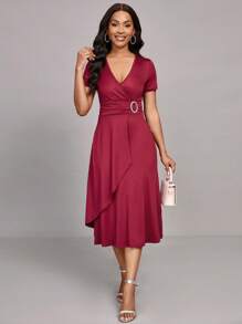 Lyxana Women's Solid Color Overlapping V-Neck Short Sleeve Ruched Elegant Dress