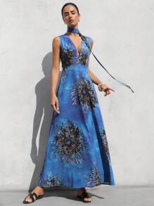 Aveloria Modichic 波西米亚风优雅度假优雅浪漫扎染花朵性感深 V 腰系带无袖连衣裙