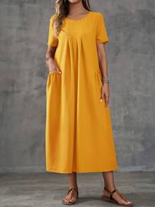 EMERY ROSE Women's Solid Color Short Sleeve Round Neck Midi Dress - Yellow - View 3
