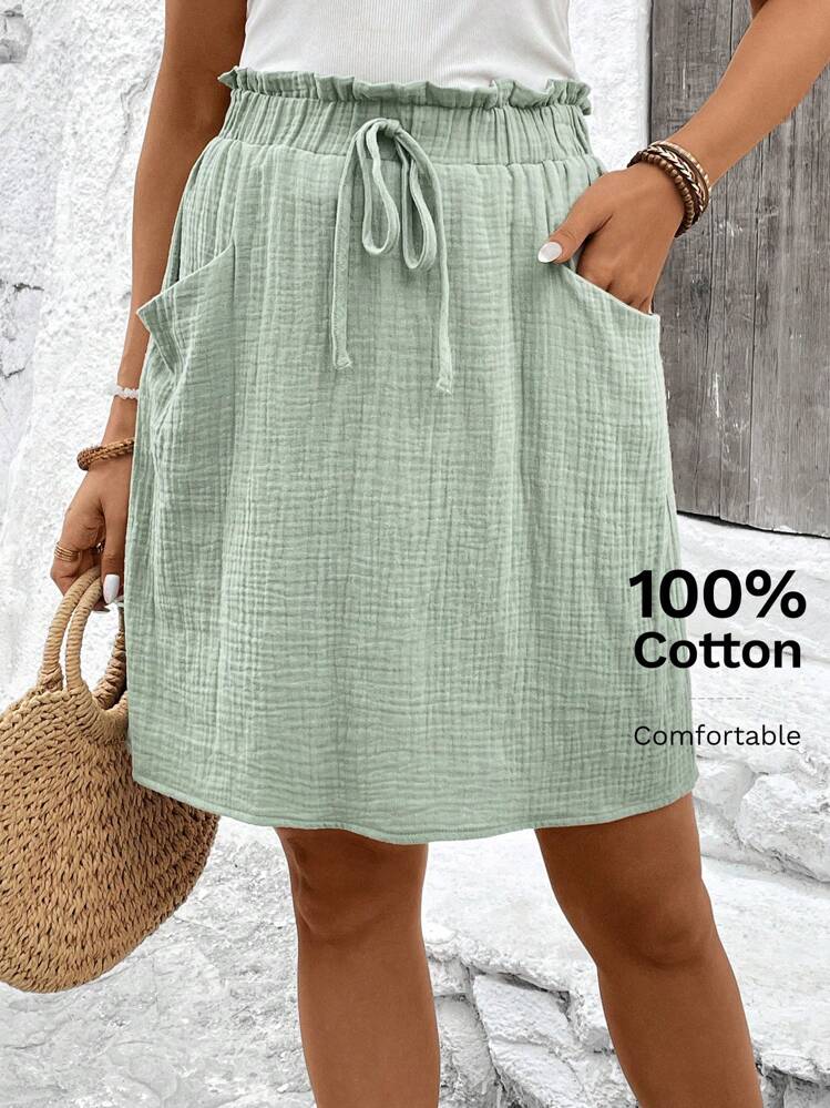 SHEIN LUNE Ladies' Summer Skirt With Frill Trim, Elastic Waistband And Double Pockets,Casual - Green - View 1