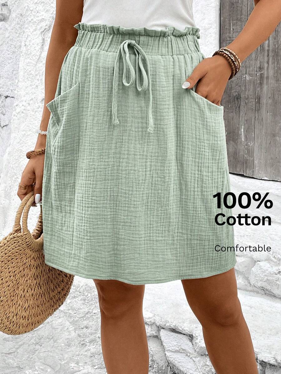 SHEIN LUNE Ladies' Summer Skirt With Frill Trim, Elastic Waistband And Double Pockets