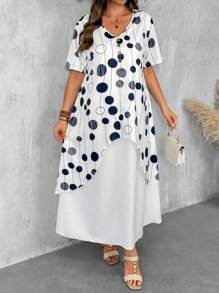 EMERY ROSE Women's Plus Size Polka Dot Print V-Neck Button Decor Shoulder Short Sleeve Solid Layered Hem A-Line Long Casual Loose Dress, Elegant For Holiday Daily Wear, Spring & Summer - Multicolor - View 4