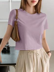 Dazy-Less Solid Color Round Neck Casual Short Sleeve T-Shirt Summer,Crop Tops Women Business Casual Woman Work Clothes - Purple - View 5