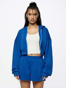 SUMWON WOMEN 舒适的两件套运动休闲服套装，包含短款半拉链连帽衫和宽松短裤，非常适合锻炼、运动休闲、春夏休闲 - 藍色 - 查看 1