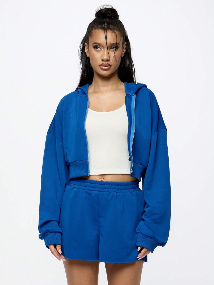 SUMWON WOMEN 舒适的两件套运动休闲服套装，包含短款半拉链连帽衫和宽松短裤，非常适合锻炼、运动休闲、春夏休闲 - 藍色 - 查看 1