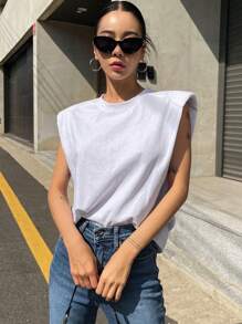 DAZY Solid Shoulder Pad Tee - White - View 5