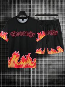Manfinity LEGND 2pcs/Set Men's Casual Print Crew Neck Short Sleeve Top And Shorts Set