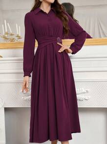 Modelyn Simple Button Front Belted Collar Long Sleeve Modest Dress Long Evening Dresses Fall Cloth For Women - Purple - View 6