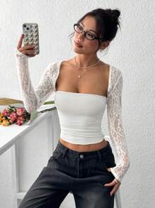 SHEIN EZwear Summer New White Lace Slim-Fit Shawl Top