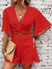 SHEIN Clasi 扭纹前蝴蝶袖短款上衣 & 短裤两件套 - 紅色 - 查看 3