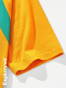 2 件套男童撞色块字母印花连帽衫 T 恤和短裤运动套装，适合运动、户外活动、夏季