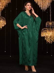 Al Najma 女式土耳其和阿拉伯风格花卉图案串珠褶皱腰长裙 - 墨綠色 - 查看 1