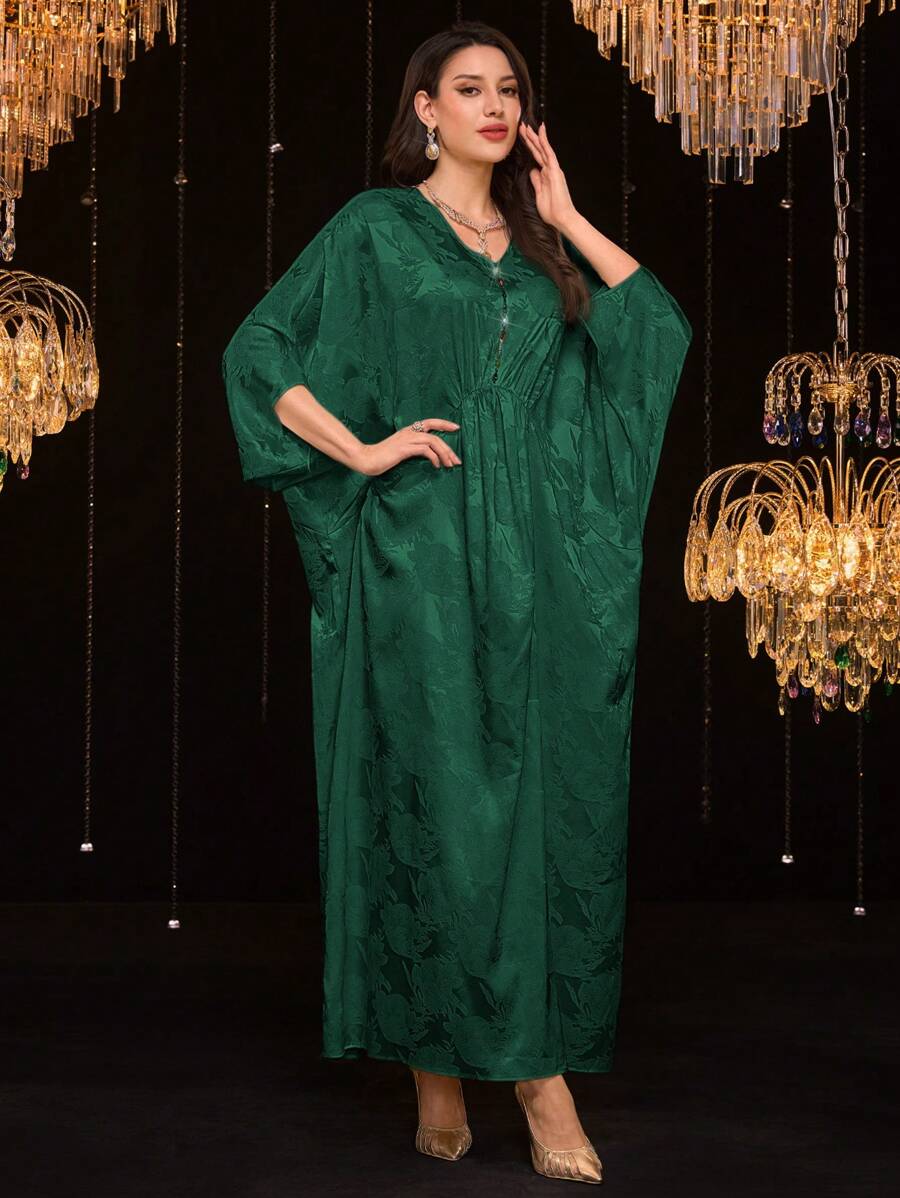 Al Najma 女式土耳其和阿拉伯风格花卉图案串珠褶皱腰长裙 - 墨綠色 - 查看 1