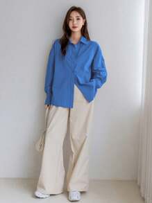Dazy-Less 1 件女士商务休闲宽松长袖纯色衬衫，秋季女装 - 寶藍色 - 查看 2