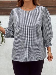 SHEIN Clasi 大尺碼休閒通勤格紋泡泡袖女式上衣 2026秋季時尚 - 藍白色 - 查看 5