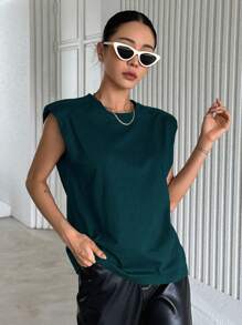 DAZY Solid Color Round Neck Sleeveless Padded Shoulder Women's T-Shirt Y2k Summer