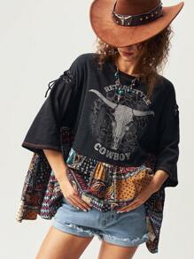 Bohemela 针织上衣和梭织下装拼布女式 T 恤 - 黑色 - 查看 5